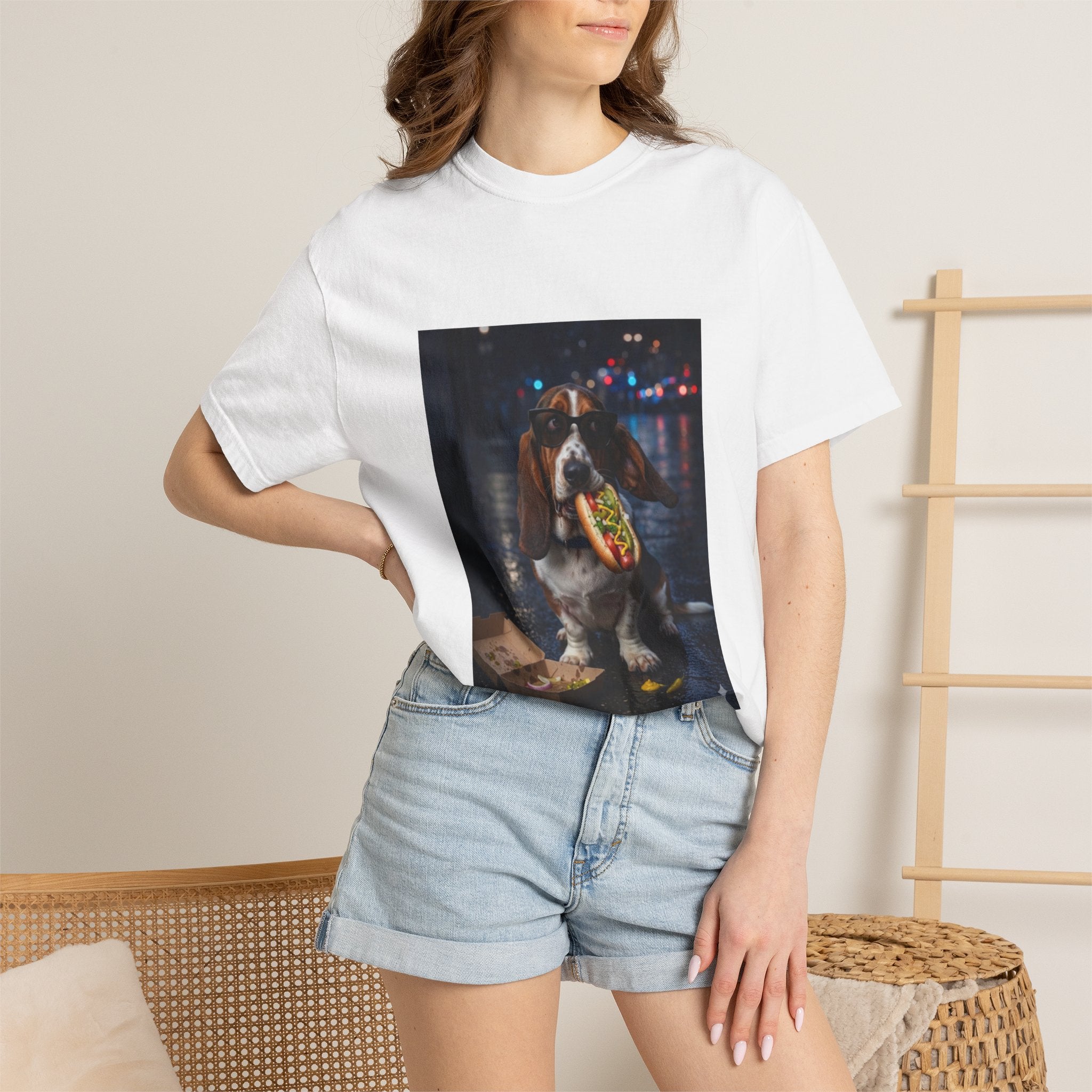 DogDrip Bassett Hound Eating Hot Dog T-shirt