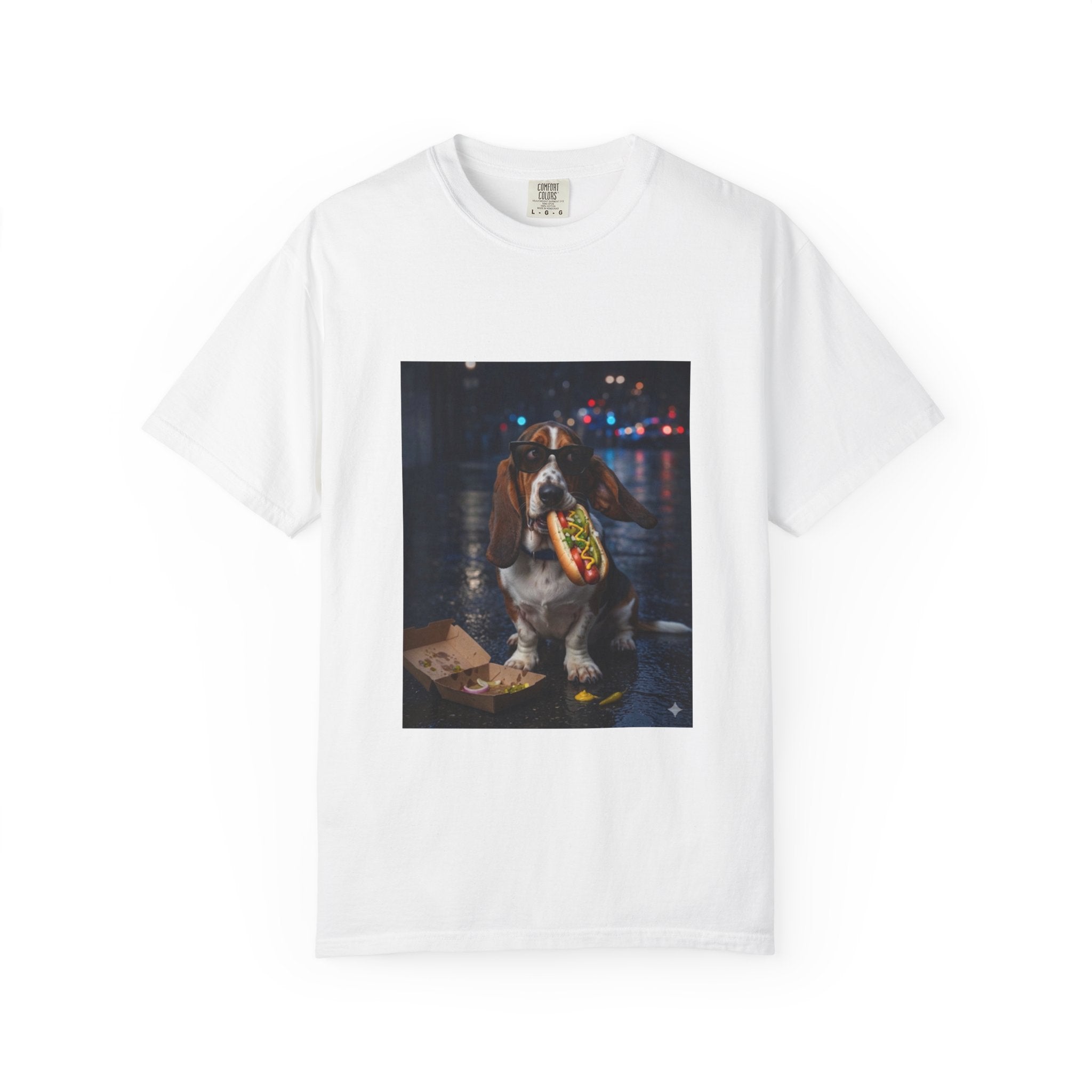 DogDrip Bassett Hound Eating Hot Dog T-shirt