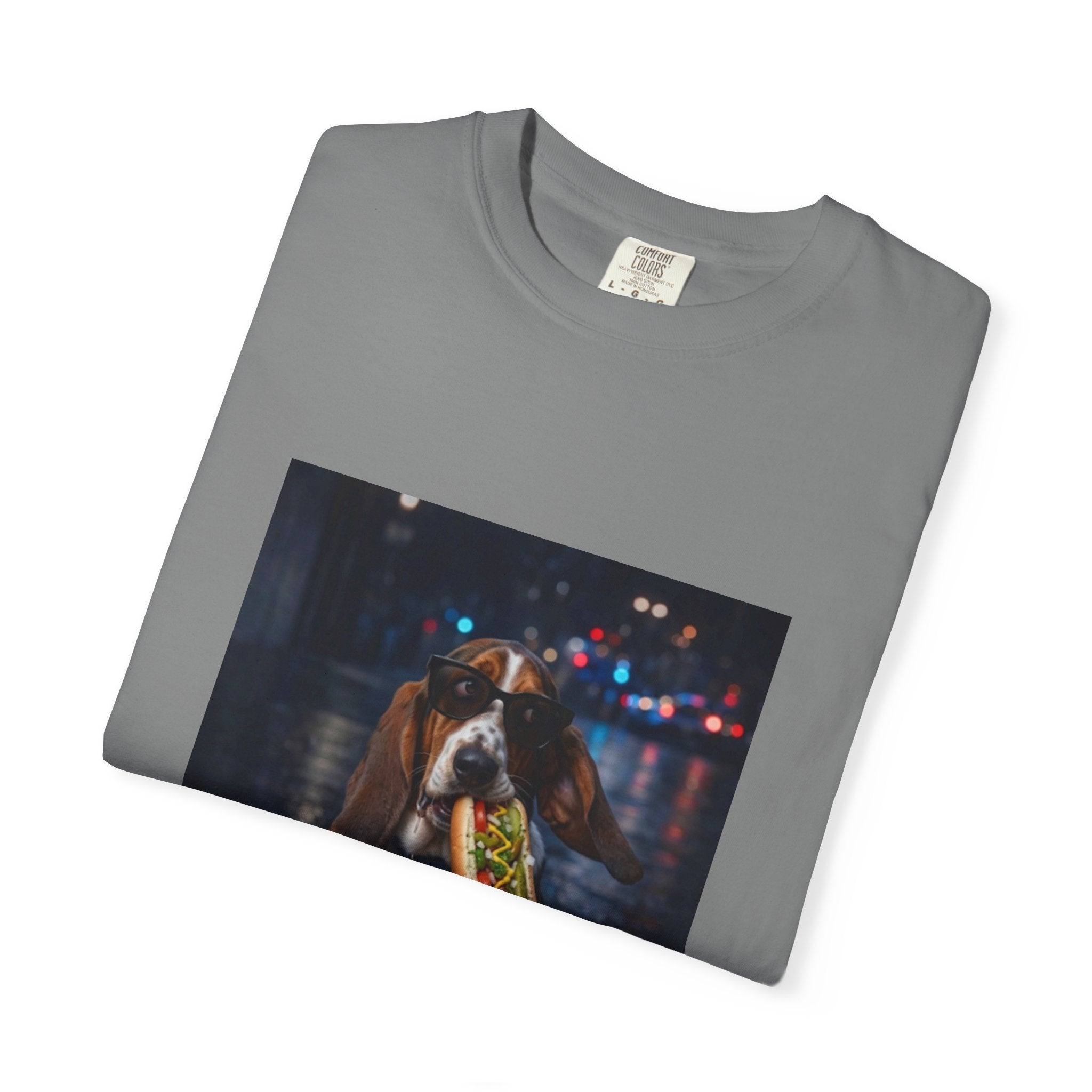 DogDrip Bassett Hound Eating Hot Dog T-shirt