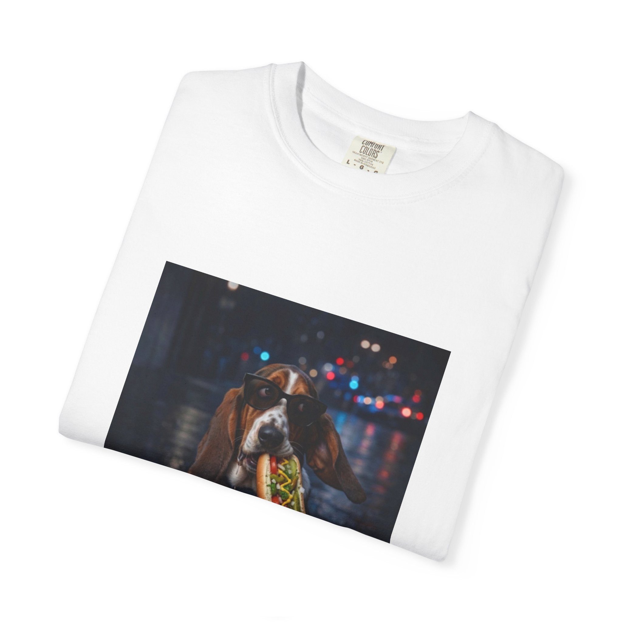 DogDrip Bassett Hound Eating Hot Dog T-shirt